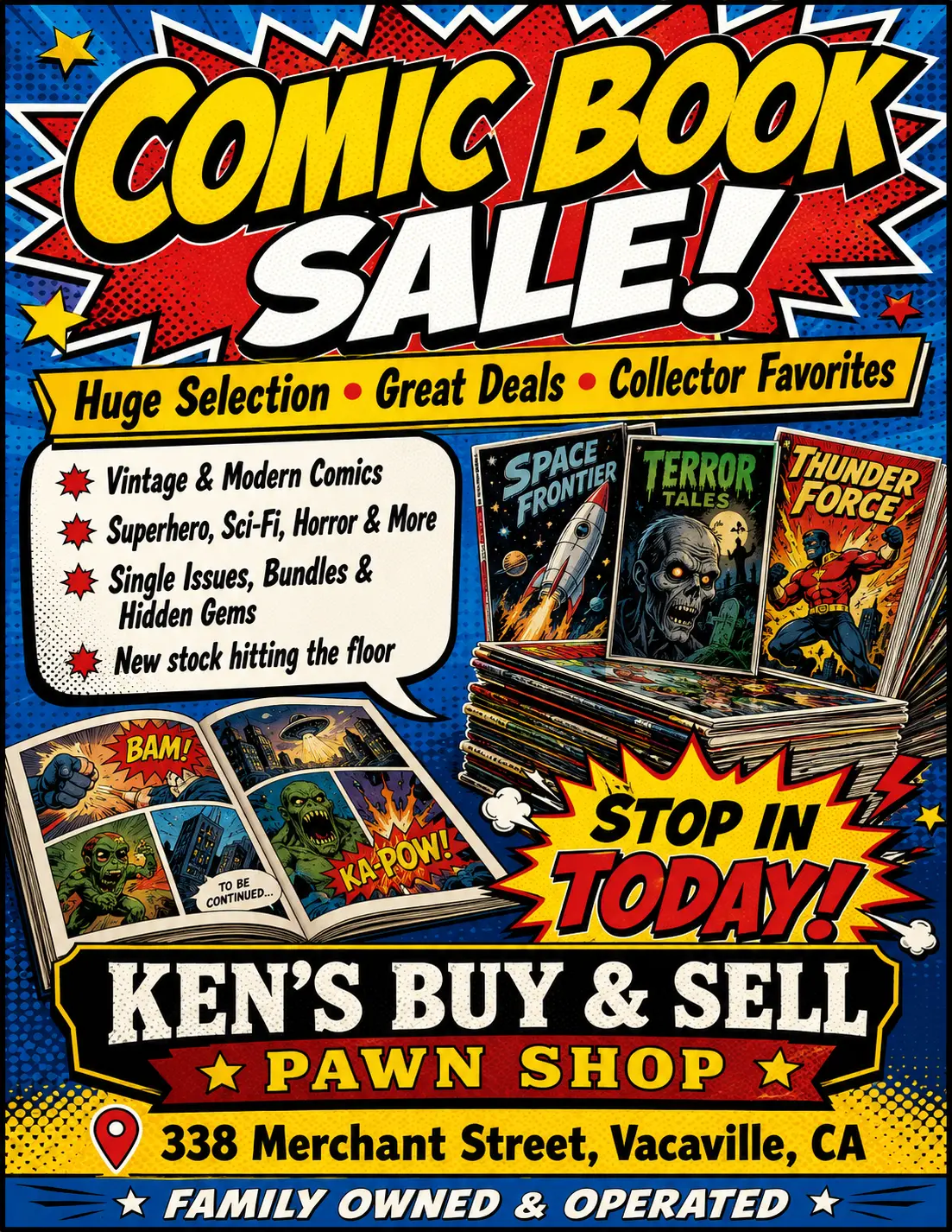 Comic book sale advertisement with vintage and modern comics