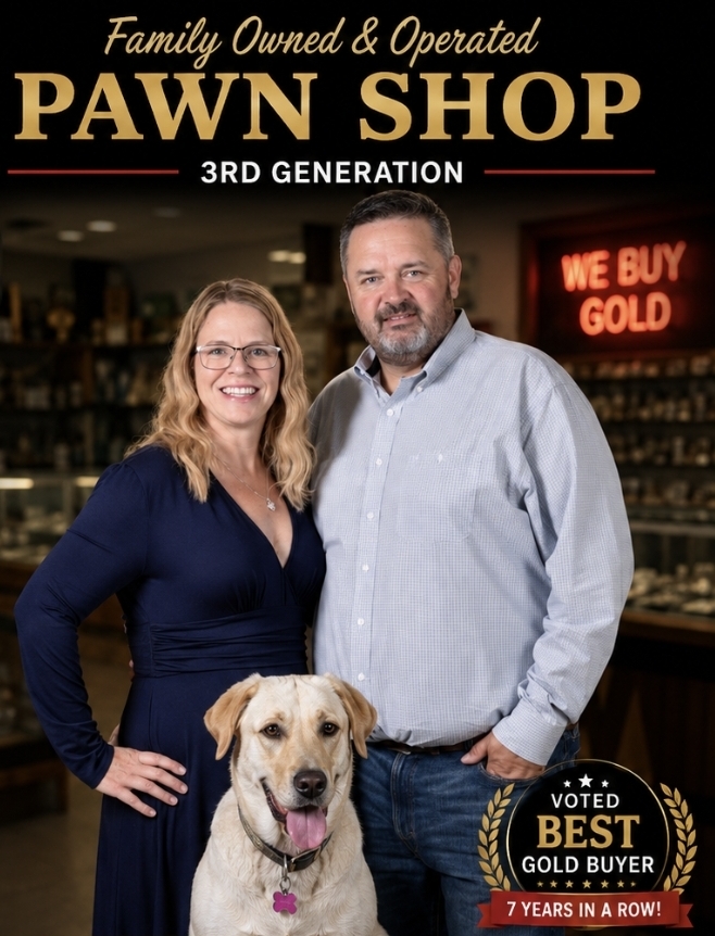 Family owned and operated pawn shop owners with their shop dog Daisy, voted best gold buyer 7 years in a row